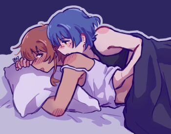 2girls alternate_skin_color black_bra blue_hair blush bocchi_the_rock! bra camisole commentary ear_blush english_commentary hand_under_clothes hand_under_shirt hiimross kita_ikuyo long_hair lying mole mole_under_eye multiple_girls on_stomach open_mouth pillow red_hair shirt short_hair smile under_covers underwear white_camisole yamada_ryo yuri