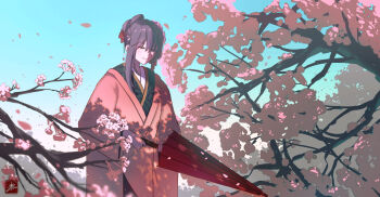 1girl absurdres birthday blue_sky bow branch cherry_blossoms closed_eyes day english_text fate/extra fate/stay_night fate_(series) flower hair_bow hair_flower hair_ornament hair_up highres japanese_clothes kanzashi kimono matou_sakura matou_sakura_(fate/extra) miuoo name_connection object_namesake oil-paper_umbrella red_umbrella seal_impression sky smile uchikake umbrella