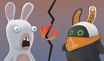2others animal_ears bangboo_(zenless_zone_zero) blue_eyes buck_teeth crossover eous_(zenless_zone_zero) green_eyes highres multiple_others neckerchief no_humans orange_neckerchief rabbid rabbit_ears raving_rabbids teeth upper_body white_fur yuga_pratama zenless_zone_zero
