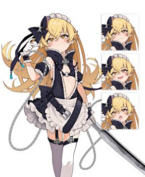 1girl :d :o absurdres alternate_costume anomarasu apron bare_shoulders belt bikini bikini_top_only black_bikini black_bow black_dress black_garter_straps black_sleeves blonde_hair blush_stickers bow chain collar collared_dress dress earrings fang feet_out_of_frame frilled_collar frills garter_straps gloves hair_bow highres holding holding_weapon jewelry long_hair looking_at_viewer loose_belt maid_apron maid_headdress monogatari_(series) multiple_expressions o-ring o-ring_top open_mouth oshino_shinobu puffy_sleeves skin_fang sleeveless sleeveless_dress smile standing star_(symbol) stud_earrings swimsuit thighhighs very_long_hair wavy_mouth weapon white_background white_gloves white_thighhighs yellow_eyes