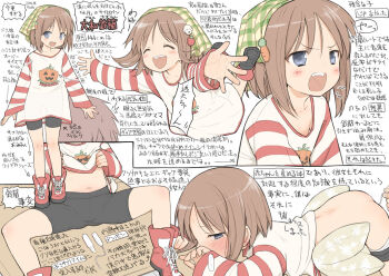 1girl :d ^_^ bike_shorts blue_eyes boots brown_hair closed_eyes commentary_request dog_hair_ornament food-themed_hair_ornament glomp green_headscarf hair_ornament hairclip headscarf hug loli open_mouth short_hair smile suigetsu tampon tomato_hair_ornament translation_request walkalone wall_of_text yamato_suzuran