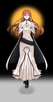 1girl absurdres black_shoes bleach breasts closed_eyes commentary_request dress floating full_body hair_between_eyes hair_ornament highres inoue_orihime juliet_sleeves korean_commentary layered_dress leelayna25 long_dress long_hair long_sleeves medium_breasts orange_hair own_hands_together parted_lips puffy_sleeves shoes snowflake_hair_ornament solo tears twitter_username vignetting white_dress
