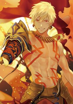 1boy abs armor blonde_hair body_markings cape ea_(fate) earrings fate/grand_order fate/stay_night fate/zero fate_(series) gilgamesh_(fate) gold_armor grin highres jewelry lips lock lock_earrings looking_at_viewer male_focus markings navel necklace pectorals red_cape red_eyes revision short_hair simple_background smile solo standing takashi_(huzakenna) toned toned_male topless_male weapon white_background