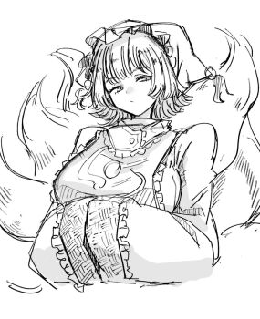 1girl animal_ears closed_mouth fox_ears fox_girl fox_tail greyscale hands_in_opposite_sleeves hat highres looking_at_viewer mesuosushi mob_cap monochrome multiple_tails short_hair solo tail touhou upper_body yakumo_ran