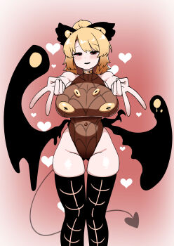 Rule 34 | 1girl, absurdres, black bow, black thighhighs, black wings, blonde hair, blush, bow, breasts, brown leotard, commentary request, covered navel, demon tail, double gyaru v, extra eyes, feet out of frame, gyaru v, hair bow, hair bun, half-closed eyes, halloween, halloween costume, heart, highleg, highleg leotard, highres, kurodani yamame, large breasts, leotard, looking at viewer, open mouth, pink background, print leotard, red eyes, rinyamame, short hair, single hair bun, solo, spider web print, tail, thighhighs, touhou, v, wings