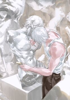 1boy abs bare_arms bare_shoulders brown_pants chisel commentary english_commentary from_side grey_background highres holding holding_chisel honkai:_star_rail honkai_(series) implied_yaoi indoors jam8366 leaning_forward leaning_to_the_side marble_(stone) marble_sculpture muscular muscular_male mydei_(honkai:_star_rail) navel nipples pants phainon_(honkai:_star_rail) sculpting sculpture shade shirt short_hair sleeveless solo standing statue stomach table tank_top white_hair white_shirt white_tank_top