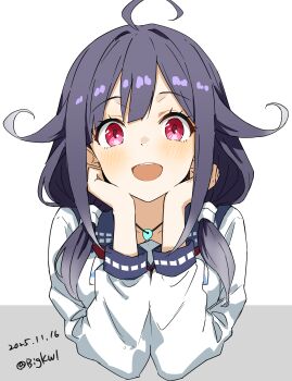 1girl absurdres ahoge animal_print apron bigkwl blush breasts commentary dated dated_commentary fish_print hair_flaps highres kantai_collection kappougi large_breasts long_hair looking_at_viewer low_twintails magatama one-hour_drawing_challenge open_mouth purple_hair red_eyes school_uniform serafuku smile taigei_(kancolle) twintails twitter_username upper_body whale_print