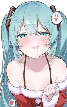 1girl absurdres alternate_costume anger_vein aqua_eyes aqua_hair aqua_nails bare_shoulders breasts cleavage closed_mouth collarbone commentary_request cum cum_in_mouth cum_on_body dress facial fur-trimmed_dress fur-trimmed_sleeves fur_trim gokkun hatsune_miku heart helthbuth highres long_hair long_sleeves looking_at_viewer nail_polish red_dress santa_costume santa_dress simple_background small_breasts solo speech_bubble spoken_anger_vein tears twintails upper_body v-shaped_eyebrows vocaloid white_background