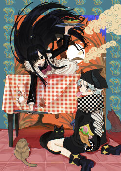 1boy 1girl absurdres apron awoito_(tsurubami_jiguro) black_cat black_eyes black_hair blush_stickers bow bowtie bread cat checkered_clothes commentary_request cup food hair_over_one_eye hat highres holding holding_tray horns long_hair long_sleeves looking_at_viewer maid maid_apron mouth_hold open_mouth original plate scarf shoes short_hair shorts sitting smile sparkle table teacup teapot tray very_long_hair wariza white_hair