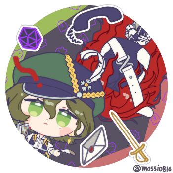 1boy 1girl aleph_(reverse:1999) black_mask black_vest brown_hair chibi closed_mouth commentary_request corded_phone covered_face cracked_mask dice envelope facing_viewer green_eyes green_hat grey_background hat hat_feather highres holding holding_notebook holding_quill korean_commentary long_hair looking_at_viewer mole mole_under_eye mossi_(mossi0816) newsboy_cap notebook phone polyhedral_dice quill recoleta_(reverse:1999) red_hair reverse:1999 round_image shirt sword twitter_username upper_body vest weapon white_shirt