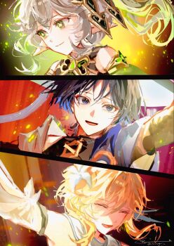 1boy 2girls arm_up armlet black_bodysuit black_dress black_hair blonde_hair blue_cape blue_eyes blue_hair blunt_ends bodysuit bright_pupils cape closed_eyes closed_mouth column_lineup commentary_request cross-shaped_pupils detached_sleeves dress eyeliner facing_to_the_side flower gem genshin_impact gold gold_armlet green_eyes green_gem green_hair green_sleeves hair_flower hair_ornament happy hat highres innagaja japanese_clothes jewelry jingasa kimono korean_commentary long_hair lumine_(genshin_impact) makeup multicolored_hair multiple_girls nahida_(genshin_impact) red_eyeliner scaramouche_(genshin_impact) scarf scene_reference short_hair short_hair_with_long_locks shoulder_peek side_ponytail sidelocks signature smile split_mouth spoilers streaked_hair symbol-shaped_pupils tsurime turtleneck turtleneck_bodysuit twitter_username wanderer_(genshin_impact) white_flower white_hair white_hat white_kimono white_pupils white_scarf white_sleeves wispy_bangs