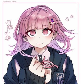 1girl black_jacket black_shirt breasts danganronpa_(series) danganronpa_2:_goodbye_despair dress_shirt hands_up jacket large_breasts long_hair nanami_chiaki neck_ribbon open_clothes open_jacket pink_eyes pink_hair pink_ribbon portrait ribbon shirt smile solo translation_request white_background white_shirt yupipoke_tcg