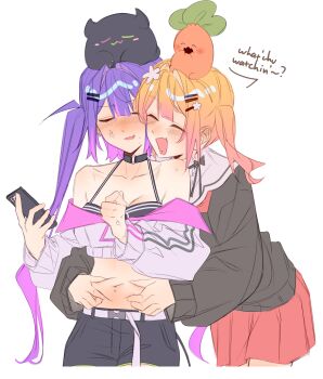 2girls absurdres anger_vein annoyed belly_grab bibi_(tokoyami_towa) black_choker black_shorts black_tank_top blonde_hair blush brown_cardigan cardigan cellphone choker clenched_hand closed_eyes collarbone commentary cropped_jacket cropped_legs english_commentary english_text fang flower gradient_hair hair_flower hair_ornament hairclip highres holding holding_phone hololive hug hug_from_behind jacket long_hair midriff momosuzu_nene momosuzu_nene_(casual) multicolored_hair multiple_girls navel navel_piercing nekko_(momosuzu_nene) o-ring o-ring_choker off_shoulder official_alternate_costume official_alternate_hairstyle on_head open_mouth phone piercing pinching pink_hair purple_hair red_skirt sailor_collar shorts sidelocks simple_background skin_fang skirt smartphone smile sweat talking tank_top tokoyami_towa tokoyami_towa_(1st_costume) twintails two_side_up virtual_youtuber white_background white_flower white_jacket white_sailor_collar