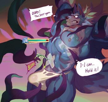 1boy abs animal_ears bandaid_on_stomach bara blue_fur broad_shoulders bulge character_name clenched_teeth cowboy_shot darkstalkers english_text erection erection_under_clothes fangs fundoshi furry furry_male grey_fur health_bar imminent_tentacle_sex japanese_clothes jon_talbain large_bulge large_pectorals looking_down male_focus mane muscular muscular_arms muscular_legs muscular_male neck_fur nipples null-ghost pectorals restrained solo sound_effects speech_bubble sweat tail teeth tentacles thick_eyebrows thighs two-tone_fur werewolf white_fur wolf_boy wolf_ears wolf_tail yellow_eyes