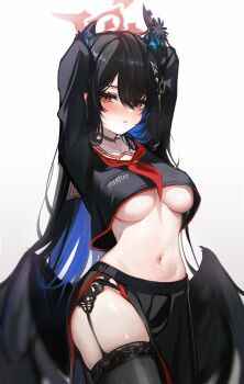 Rule 34 | 1girl, absurdres, arms up, asymmetrical horns, black choker, black garter belt, black garter straps, black hair, black panties, black serafuku, black thighhighs, blue archive, blue hair, blush, breasts, choker, colored inner hair, cosplay, crop top, cropped shirt, demon horns, garter belt, garter straps, hair between eyes, hair ornament, halo, hasumi (blue archive), hasumi (blue archive) (cosplay), highres, hololive, hololive english, horns, koahri, large breasts, long hair, long sleeves, looking at viewer, midriff, mole, mole under eye, multicolored hair, navel, nerissa ravencroft, no bra, open mouth, panties, pleated skirt, red eyes, school uniform, serafuku, shirt, simple background, skindentation, skirt, solo, sweat, thighhighs, two-tone hair, underboob, underwear, uneven horns, very long hair, virtual youtuber, white background