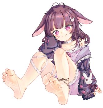 1girl animal_ears barefoot brown_hair chaosexceed closed_mouth fallenshadow feet foot_focus foreshortening hair_ornament highres indie_virtual_youtuber long_hair on_ground rabbit_ears rabbit_girl rabbit_hair_ornament simple_background sleepwear smile soles solo toes virtual_youtuber white_background