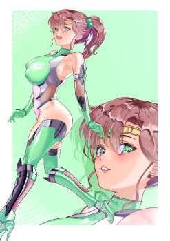 1girl absurdres arion_canvas armpits bishoujo_senshi_sailor_moon bodysuit breasts brown_hair circlet earrings elbow_gloves flower_earrings gem gloves green_eyes green_gemstone hair_bobbles hair_ornament high_collar high_heels highres jewelry kino_makoto large_breasts lips medium_hair open_mouth ponytail revision sailor_jupiter short_hair sidelocks skin_tight smile solo taimanin_(series) taimanin_suit thick_thighs thighhighs thighs