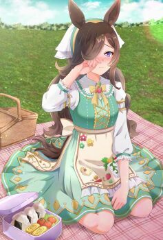 1girl animal_ears blush bow breasts brown_hair carrot carrot_print closed_mouth commentary_request dress food food_print green_dress hair_over_one_eye highres horse_ears horse_girl horse_tail long_hair looking_at_viewer official_alternate_costume official_alternate_hairstyle onigiri outdoors picnic_basket picnic_blanket puritan_collar purple_eyes rice_shower_(umamusume) rice_shower_(yummy_dreamy_fairy)_(umamusume) seiza sitting small_breasts smile solo tail tomato twintails umamusume yellow_bow yukiomi_kizuki