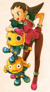 1girl bengus blue_eyes brooch brown_pantyhose cropped_jacket crotch_plate earrings flipped_hair game_cg gloves hair_pulled_back hairband hand_on_another&#039;s_head hand_on_own_hip highres jacket jewelry marvel_vs._capcom marvel_vs._capcom_2 mega_man_(series) mega_man_legends_(series) non-web_source official_art open_clothes open_jacket open_mouth pantyhose pink_gloves pink_shoes puffy_short_sleeves puffy_sleeves servbot_(mega_man) shoes short_sleeves simple_background solo standing tron_bonne_(mega_man) white_background