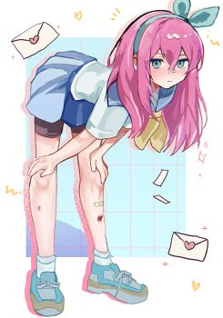 1girl alternate_costume aubrey_(faraway)_(omori) aubrey_(omori) bandaid bandaid_on_face bandaid_on_leg bandaid_on_nose bent_over bike_shorts bike_shorts_under_skirt black_shorts blue_background blue_eyes blue_hairband blue_sailor_collar blue_shoes blue_skirt closed_mouth commentary_request drop_shadow full_body grid_background hairband heart highres letter long_hair looking_at_viewer love_letter neckerchief omori pink_hair sailor_collar scratches shirt shoes short_sleeves shorts skirt socks solo standing tokkooyaku white_background white_shirt white_socks yellow_neckerchief