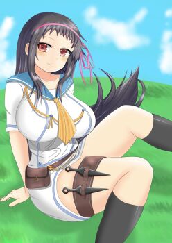 1girl ayame_(senran_kagura) belt belt_pouch black_hair black_socks blue_sailor_collar blush breasts brown_belt buttons commentary_request hair_ribbon hanzou_academy_school_uniform highres holster kneehighs kutooru_123 large_breasts long_hair neckerchief official_alternate_costume on_grass orange_neckerchief pink_ribbon pouch red_eyes ribbon sailor_collar school_uniform senran_kagura senran_kagura_new_link senran_kagura_new_wave serafuku shirt short_sleeves shuriken sitting skirt smile socks solo weapon white_skirt
