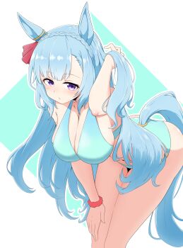Rule 34 | 1girl, absurdres, animal ears, ass, azusa (azusa0325), bare shoulders, bikini, blue bikini, blue hair, blush, braid, breasts, cleavage, collarbone, commentary request, crown braid, ear ornament, hand in own hair, highres, horse ears, horse girl, horse tail, large breasts, leaning forward, long hair, mejiro ardan (umamusume), parted lips, purple eyes, scrunchie, solo, swimsuit, tail, umamusume, wrist scrunchie