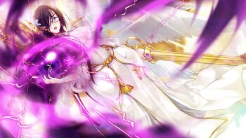 1girl angel angel_wings azuel_(choukou) black_hair blue_eyes breasts brown_hair choukou_(alicesoft) choukou_shinki_ixseal cleavage covered_navel dress dutch_angle feathered_wings feathers flower game_cg glasses hair_flower hair_ornament hair_over_one_eye holding holding_sword holding_weapon large_breasts large_variant_set long_hair looking_at_viewer magic multiple_wings non-web_source official_art onigirikun open_mouth solo staff sword variant_set weapon white_dress white_wings wings