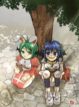2000s_(style) 2girls animal_ears armor armored_boots black_thighhighs black_wings blue_hair boobplate book boots breastplate brown_skirt cape closed_mouth cobblestone commentary_request cross dappled_sunlight day demon_wings dress fake_animal_ears full_body green_eyes green_hair grey_horns head_wings high_priest_(ragnarok_online) holding holding_book horns hugging_own_legs juliet_sleeves long_hair long_sleeves looking_at_another lord_knight_(ragnarok_online) multiple_girls open_mouth outdoors pauldrons puffy_sleeves purple_eyes rabbit_ears ragnarok_online red_cape red_dress sash seiza shoulder_armor sitting skirt smile sunlight thighhighs tree two-tone_dress under_tree white_dress white_sash white_thighhighs wings yokou