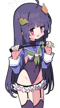 absurdres ahoge aqua_neckerchief black_leotard black_thighhighs blue_archive blue_sailor_collar blue_shrug breasts cameltoe cosplay covered_navel cowboy_shot frills garter_straps grey_halo halo halter_leotard halterneck highleg highleg_leotard highres holding holding_riding_crop leaf leaf_on_head leotard long_hair miyu_(blue_archive) nanozenzen neckerchief red_eyes riding_crop sailor_collar sailor_shirt shimiko_(blue_archive) shimiko_(blue_archive)_(cosplay) shimiko_(magical)_(blue_archive) shirt shrug_(clothing) simple_background small_breasts standing thighhighs white_background