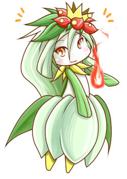 :3 blush fire gen_5_pokemon green_hair lilligant monster_girl nintendo no_humans orange_eyes plant_girl pokemon pokemon_(creature) pyrokinesis simple_background smile solo sougetsu_(yosinoya35) white_background