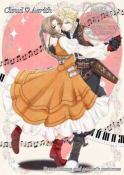 1boy 1girl aerith_gainsborough aerith_gainsborough_(garnet's_gown) black_boots black_gloves black_pants black_vest blonde_hair blue_eyes boots braid braided_ponytail brown_hair closed_mouth cloud_strife cloud_strife_(zidane's_outfit) commentary_request cosplay couple cropped_vest dancing dated dress final_fantasy final_fantasy_vii final_fantasy_vii:_ever_crisis full_body garnet_til_alexandros_xvii garnet_til_alexandros_xvii_(cosplay) gloves green_eyes hair_ornament hairclip hand_on_another's_back hetero holding_hands juliet_sleeves kirishima_saya long_dress long_hair long_sleeves musical_staff official_alternate_costume open_mouth orange_dress original pants parted_bangs piano_keys puffy_sleeves red_boots shirt short_hair sidelocks signature single_braid sleeveless sleeveless_turtleneck smile spiked_hair turtleneck twitter_username vest white_dress white_shirt zidane_tribal zidane_tribal_(cosplay)