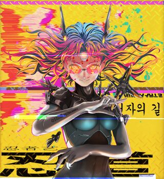 1girl :> android arm_tattoo armlet between_fingers blue_hair breasts closed_mouth colored_skin commentary facial_mark floating_hair forehead_mark glitch gradient_hair highres holding holding_shuriken holding_weapon horns jewelry korean_text looking_at_viewer medium_breasts metal_skin multicolored_hair multicolored_skin nekoita original pink-tinted_eyewear pink_hair short_hair shuriken smile solo sunglasses tattoo tinted_eyewear upper_body weapon white-framed_eyewear yellow_eyes