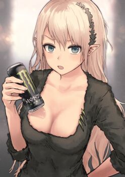 1girl :o backlighting black_shirt blonde_hair blue_eyes blush breasts can cleavage collarbone commentary drink_can energy_drink holding long_hair looking_at_viewer medium_breasts monster_energy no_bra open_mouth original pointy_ears revision scoop_neck shirt soda_can solo straight_hair sweat three-quarter_sleeves upper_body very_long_hair water_drop yukitake_(bullfalk)