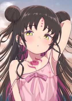 1girl babydoll bare_shoulders black_hair breasts chest_tattoo covered_erect_nipples double_bun dress_swimsuit facial_mark fate/grand_order fate_(series) forehead_mark full_body hair_bun highres loli long_hair multicolored_hair parted_bangs pink_babydoll pink_hair sessyoin_kiara sessyoin_kiara_(lily) small_breasts solo streaked_hair sushi_no_ikari tattoo very_long_hair wavy_hair yellow_eyes