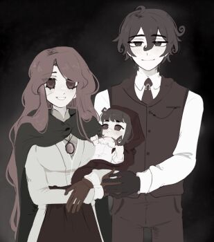 1boy 2girls baby black_background breasts brown_cape brown_gloves brown_hair brown_jacket brown_necktie brown_pants cape carrying carrying_baby carrying_person closed_mouth collared_shirt couple family father_and_daughter gloves horseshoe_necklace jacket large_breasts mathilde_(roseary) mother_and_daughter multiple_girls necktie nokota_(roseary) original pants red_eyes red_gloves red_hair red_hood roseary ryder_(roseary) scar scar_on_face shirt smile teeth white_shirt