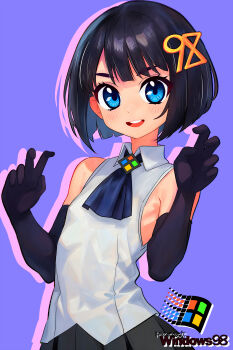 Rule 34 | 1girl, 98-tan, absurdres, arms up, black gloves, black hair, black skirt, blue eyes, breasts, double v, elbow gloves, gloves, highres, looking at viewer, number hair ornament, open mouth, os-tan, shirt, short hair, skirt, sleeveless, sleeveless shirt, small breasts, smile, solo, tsukiyono aroe, upper body, v, white shirt, windows logo