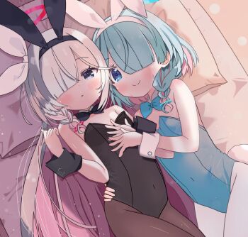 2girls alternate_costume animal_ear_hairband animal_ears arona_(blue_archive) bare_shoulders bed_sheet black_bow black_bowtie black_hairband black_leotard black_pantyhose black_wrist_cuffs blue_archive blue_bow blue_bowtie blue_eyes blue_hair blue_leotard blush bow bowtie braid closed_mouth collar colored_inner_hair commentary_request covered_navel detached_collar fake_animal_ears fake_tail grey_eyes grey_hair hair_over_one_eye hairband hand_on_another&#039;s_hip highres leotard long_hair looking_at_viewer lying masushi_masashi multicolored_hair multiple_girls on_back panties pantyhose parted_lips pillow pink_hair plana_(blue_archive) playboy_bunny rabbit_ears rabbit_tail smile strapless strapless_leotard tail underwear very_long_hair white_collar white_hairband white_panties white_wrist_cuffs wrist_cuffs
