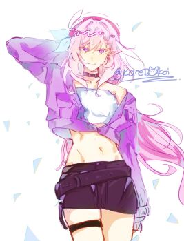 1girl alternate_costume belt_collar beret breasts collar commentary cowboy_shot diamond-shaped_pupils diamond_(shape) earrings elf elysia_(hi_love_elf)_(honkai_impact) elysia_(honkai_impact) english_commentary hat heart heart_earrings highres honkai_(series) honkai_impact_3rd jacket jewelry karetokoi long_hair medium_breasts midriff multicolored_hair navel pink_hair pink_jacket pointy_ears purple_eyes purple_shorts short_shorts shorts smile solo symbol-shaped_pupils tank_top thigh_strap thighs twitter_username two-tone_hair very_long_hair white_hair white_tank_top