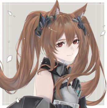 1girl angelina_(arknights) animal_ear_fluff animal_ears arknights arknights:_endfield artist_name bare_shoulders breasts brown_hair closed_mouth commentary dress elizkras fox_ears fox_girl from_side gilberta_(arknights) grey_dress hair_between_eyes hashtag-only_commentary headpiece high_collar highres long_hair looking_at_viewer red_eyes solo twintails upper_body
