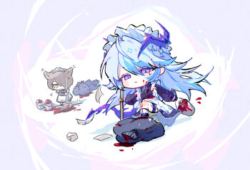 Rule 34 | 2boys, animal ears, apron, arknights, black dress, blood, blood on face, blue eyes, broom, brown eyes, brown hair, bucket, censored, chibi, closed mouth, crossdressing, crossdressing (mtf), dress, grey hair, hair between eyes, hair over one eye, highres, holding, holding broom, holding bucket, horns, long sleeves, maid, maid headdress, male focus, male maid, mosaic censoring, multicolored hair, multiple boys, myluche, phantom (arknights), pointy ears, puffy long sleeves, puffy sleeves, purple eyes, puzzle (arknights), standing, streaked hair, tragodia (arknights), trash bag, white apron