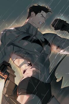 1boy absurdres arm_up batman batman_(series) batman_symbol belt black_belt black_gloves black_hair briefs bruce_wayne clenched_hand clenched_teeth commentary covered_collarbone covered_pectorals cowboy_shot dc_comics forked_eyebrows gloves hashtag-only_commentary highres holding holding_belt male_focus male_underwear pectorals profile rain short_hair solo superhero_costume teeth tobu_(bilibil) underwear utility_belt wet wet_clothes wet_hair