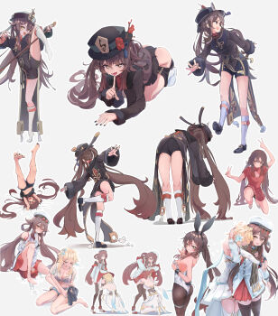 2girls absurdres animal_ears bare_arms bare_legs bare_shoulders black_panties black_thighhighs blonde_hair breasts brown_hair closed_mouth commentary_request fake_animal_ears flower flower-shaped_pupils full_body genshin_impact hair_flower hair_ornament highres hooriyuu hu_tao_(cherries_snow-laden)_(genshin_impact) hu_tao_(genshin_impact) hug hug_from_behind long_hair lumine_(genshin_impact) multiple_girls nail_polish no_shoes open_mouth panties playboy_bunny rabbit_ears red_eyes symbol-shaped_pupils thighhighs twintails underwear very_long_hair yuri