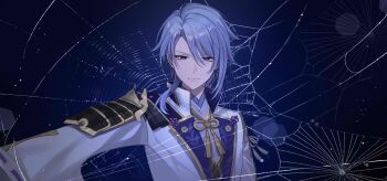 1boy absurdres armor blue_background blue_hair closed_mouth commentary_request eyelashes genshin_impact gold_trim gradient_background hair_between_eyes hair_over_shoulder highres jacket japanese_armor japanese_clothes kamisato_ayato kimono lapels long_sleeves looking_at_viewer male_focus medium_hair mole mole_under_mouth open_clothes open_jacket outstretched_arm parted_bangs purple_eyes purple_kimono rope shoulder_armor sidelocks silk sode solo spider_web swept_bangs tassel upper_body v-shaped_eyebrows white_jacket yolanda