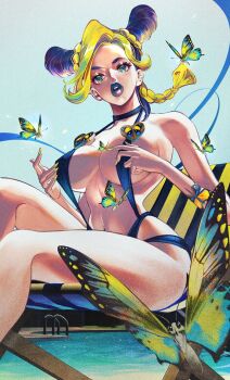 1girl alternate_breast_size_(larger) alternate_costume animal_print beach_chair black_choker black_hair blue_lips blue_slingshot_swimsuit braid braided_ponytail breasts bug butterfly butterfly_print butterfly_tattoo chair choker commentary cone_hair_bun double_bun green_butterfly green_eyes green_hair hair_bun halterneck heart_ornament insect jewelry jojo_no_kimyou_na_bouken kuujou_jolyne large_breasts looking_at_viewer makeup multicolored_hair multicolored_nails musasabi05 navel_piercing parted_lips piercing pool sitting slingshot_swimsuit solo stone_ocean swimsuit symbol-only_commentary tattoo two-tone_hair two-tone_nails water yellow_butterfly yellow_nails