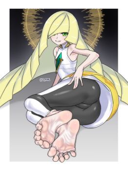 1girl absurdres armpits artist_name ass bare_arms bare_shoulders barefoot blonde_hair cameltoe chest_jewel curtained_hair diagonal_bangs dress_shirt feet female_focus fingernails flat_chest foot_focus full_body gradient_background green_eyes hair_over_one_eye halo halo_behind_head highres jewelry legs long_hair looking_at_viewer lusamine_(pokemon) lying mature_female multiple_views neck_ring nintendo on_side pants parted_lips pokemon pokemon_sun_and_moon seductive_smile shirt sleeveless sleeveless_shirt smile smirk soles spread_toes thighs tight_clothes tight_pants tight_shirt toe_scrunch toenails toes tsukimaru_(ls_99ml) turnaround turtleneck turtleneck_shirt two-tone_pants very_long_hair