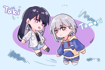 2girls bang_dream! bang_dream!_it&#039;s_mygo!!!!! belt black_hair black_shirt blue_background blue_hoodie blue_skirt blush brown_belt brown_eyes character_name chibi chibi_only chinese_commentary closed_mouth commentary_request earrings floating_earrings grey_hair highres hood hood_down hoodie jacket jewelry keyun long_hair long_sleeves looking_at_viewer multiple_girls open_clothes open_jacket open_mouth purple_eyes shiina_taki shirt short_hair skirt takamatsu_tomori white_jacket