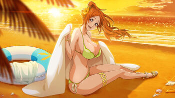 1girl bare_arms bare_shoulders beach bikini bleach bleach:_brave_souls bra breasts brown_eyes cleavage cloud facing_viewer female_focus floating_hair flower full_body hair_flower hair_ornament hand_up happy high_ponytail holding holding_towel innertube inoue_orihime large_breasts long_hair looking_at_viewer navel ocean official_art open_mouth orange_hair orange_sky outdoors panties ponytail sand sandals shadow shell shells side-tie_panties sitting sky smile solo sparkle sun sunset swim_ring swimsuit teeth tongue towel underwear water