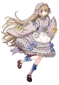 1girl apron asymmetrical_legwear blue_bow blue_ribbon blunt_bangs blush bow brown_eyes brown_hair dress floating_hair frilled_apron frilled_dress frilled_hairband frilled_kimono frilled_sleeves frilled_socks frills full_body hair_ribbon hairband hands_up highres idolmaster idolmaster_cinderella_girls japanese_clothes kimono kneehighs lolita_fashion lolita_hairband long_hair long_sleeves looking_at_viewer maid maid_headdress mary_janes migolu mismatched_legwear obi open_mouth pink_bow pink_ribbon ribbon ribbon_trim sash shoes simple_background smile socks solo standing standing_on_one_leg sweet_lolita transparent_background very_long_hair wa_lolita wa_maid white_apron white_background wide_sleeves yellow_ribbon yorita_yoshino