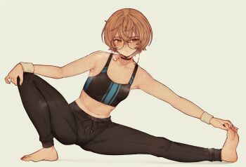 1girl black_bra black_choker black_pants blue_bra body_freckles bra breasts brown_hair choker clio_aite collarbone commentary english_commentary fingernails freckles full_body glasses hair_between_eyes highres jewelry medium_hair nail_polish navel pants parted_lips phase_connect ring round_eyewear scar scar_across_eye scar_on_face small_breasts solo sparkle sports_bra stretching sweat sweatpants toenails toes training two-tone_sports_bra underwear varniskarnis virtual_youtuber wedding_ring wristband