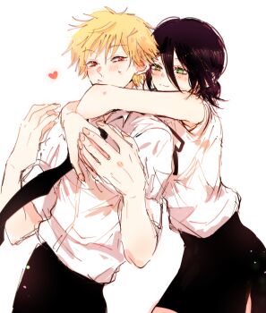 1boy 1girl :/ :3 bare_arms black_hair black_necktie black_pants black_ribbon black_shorts blonde_hair blush chainsaw_man commentary_request denji_(chainsaw_man) dress_shirt green_eyes hair_between_eyes heart hetero hug hug_from_behind long_hair_between_eyes neck_ribbon necktie pants red_eyes reze_(chainsaw_man) ribbon shirt shorts simple_background sleeveless sleeveless_shirt smile sweatdrop white_background white_shirt yukichi_(imoko41)